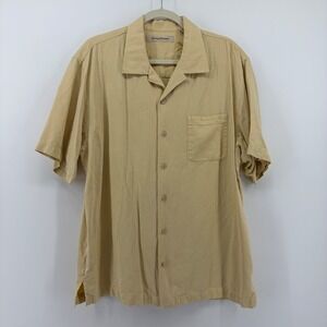 Tommy Bahama Silk Button Up Shirt Yellow Mens Large Short Sleeve Textured Camp